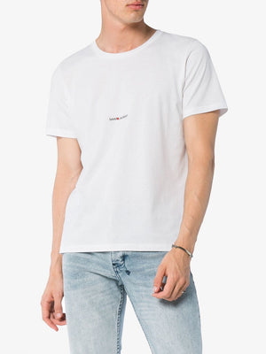 SAINT LAURENT Optic White Cotton T-Shirt for Men with Printed Brand Logo on Chest