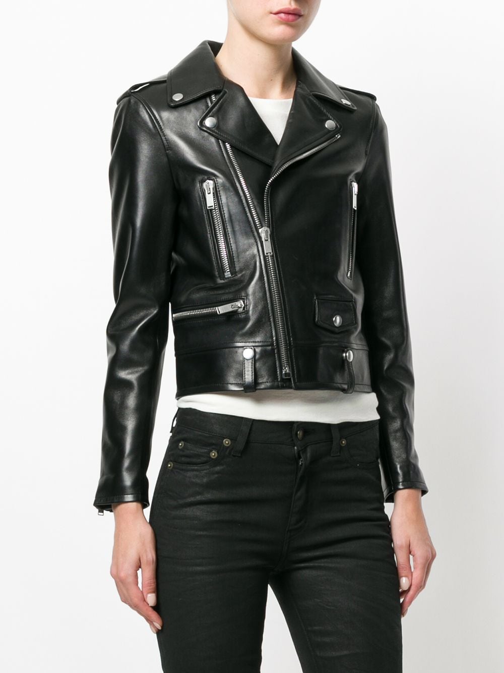 SAINT LAURENT Chic Cropped Leather Biker Jacket