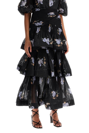 ZIMMERMANN Pleated Ruffle Midi Skirt with Floral Print