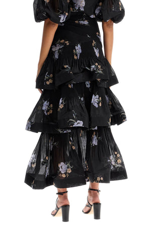 ZIMMERMANN Pleated Ruffle Midi Skirt with Floral Print