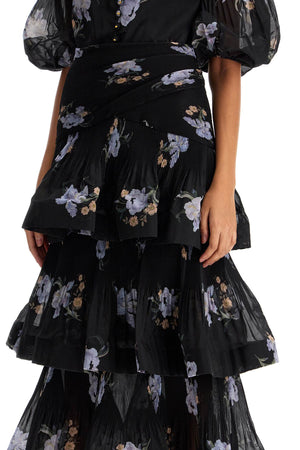 ZIMMERMANN Pleated Ruffle Midi Skirt with Floral Print