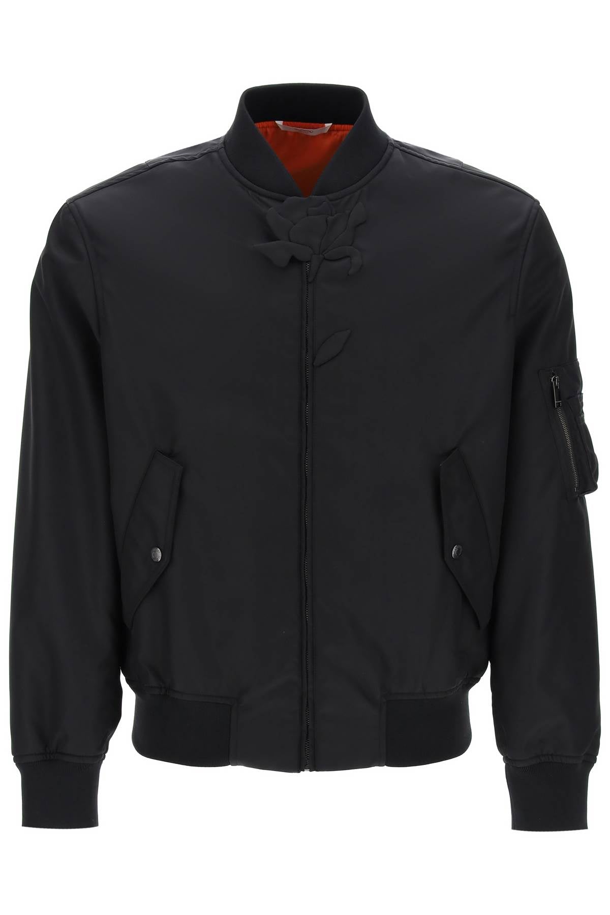 VALENTINO GARAVANI Black Nylon Bomber Jacket with Tone-On-Tone Embellished Flower