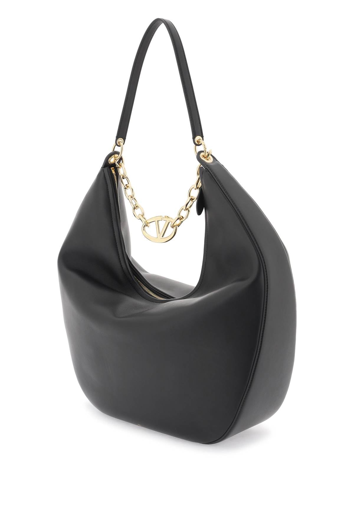 VALENTINO GARAVANI Maxi VLogo Moon Leather Hobo Handbag with Chain Handle and Gold Accents - Black