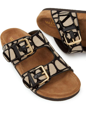 VALENTINO Stylish Women's Leather Slide Sandals in Natural Black - SS24