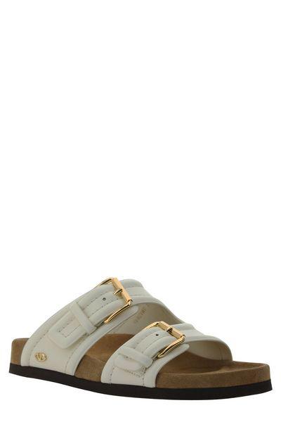 VALENTINO GARAVANI Ivory-toned Calfskin Footbed Slide with Gold-tone Logo Detail