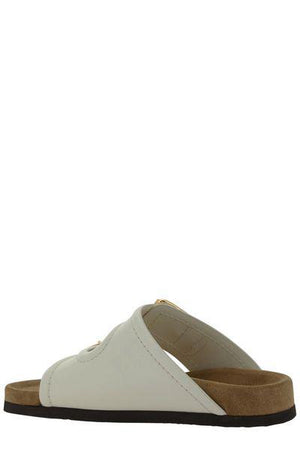 VALENTINO GARAVANI Ivory-toned Calfskin Footbed Slide with Gold-tone Logo Detail