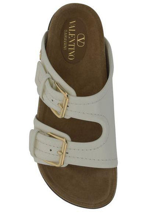 VALENTINO GARAVANI Ivory-toned Calfskin Footbed Slide with Gold-tone Logo Detail