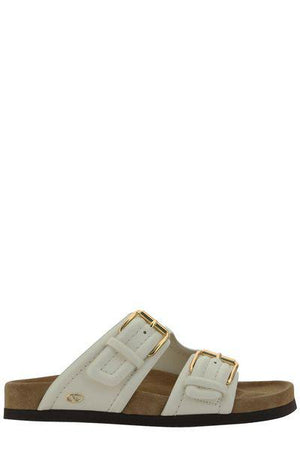 VALENTINO GARAVANI Ivory-toned Calfskin Footbed Slide with Gold-tone Logo Detail