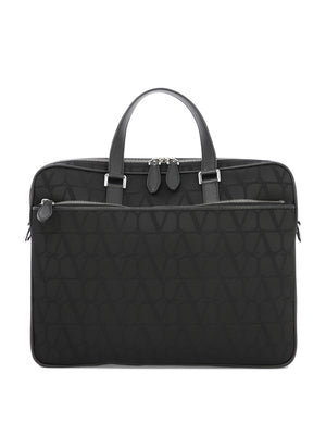 VALENTINO GARAVANI Men's Black Technical Fabric Briefcase with Calfskin Leather Details and Palladium-Finish Hardware