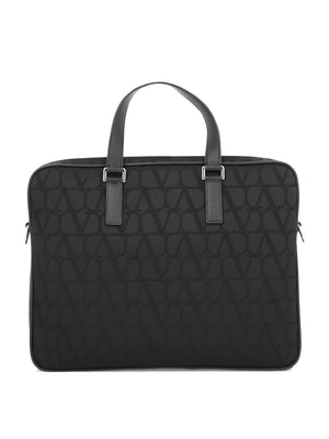 VALENTINO GARAVANI Men's Black Technical Fabric Briefcase with Calfskin Leather Details and Palladium-Finish Hardware