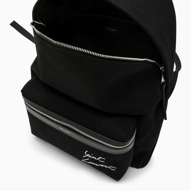 SAINT LAURENT Black City Backpack with Embroidered and Leather Trim for Men