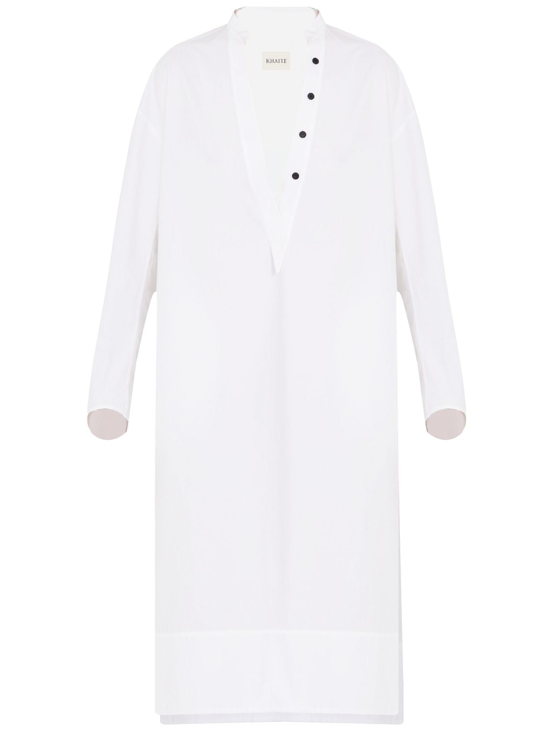 KHAITE White Cotton Tunic Dress - V-Neck Shift Style with Button Detailing and Side Slits for Women