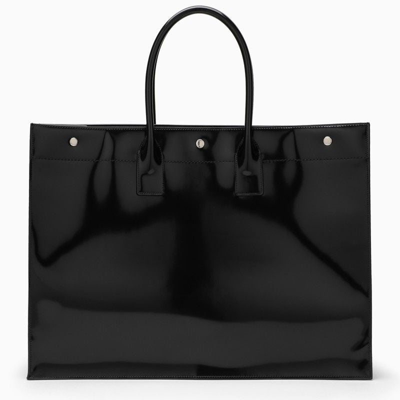 SAINT LAURENT Large Black Patent Leather Men's Tote with Rive Gauche Motif