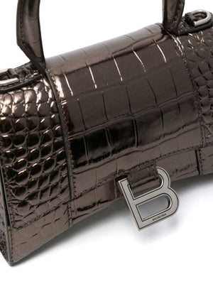 BALENCIAGA Bronze-Tone Croc-Embossed Mini Leather Tote with Monogram Plaque and Detachable Strap