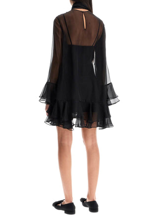 VALENTINO Semi-Transparent Black Silk Mini Dress with High Collar and Bow