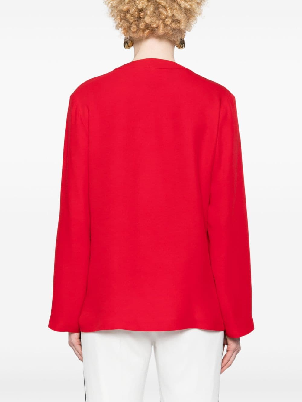 VALENTINO Elegant Rose Red Silk V-Neck Blouse with Logo Plaque