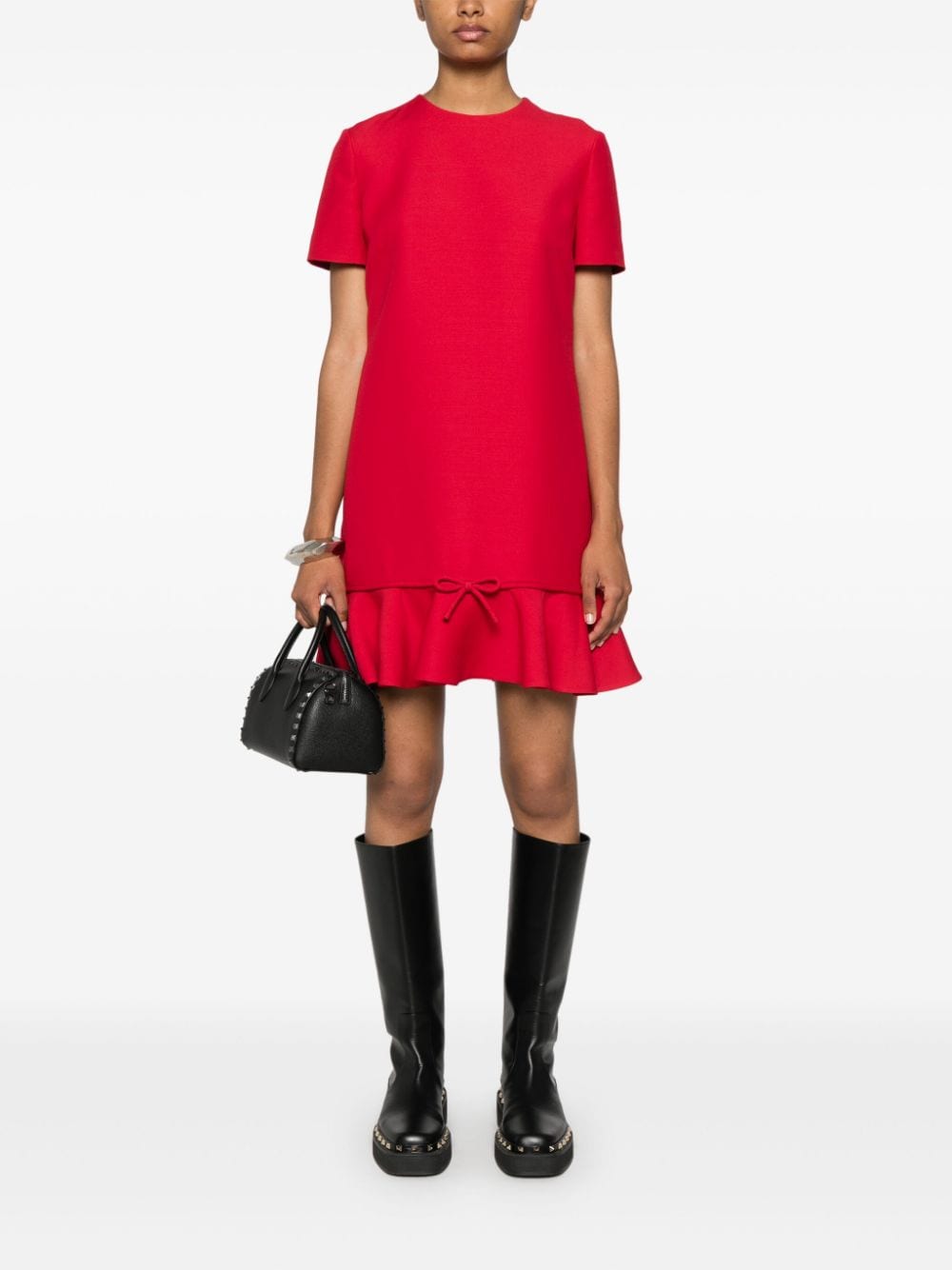 VALENTINO Crimson Wool-Silk Mini Dress with Peplum Hem