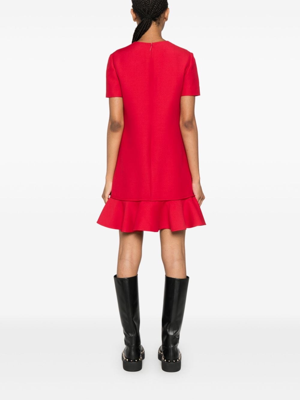 VALENTINO Crimson Wool-Silk Mini Dress with Peplum Hem