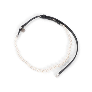 MIU MIU Chic Black Leather Necklace with White Beads