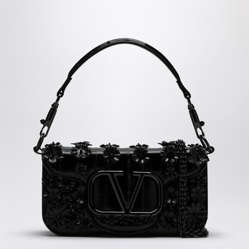 VALENTINO GARAVANI Mini Black Leather Shoulder Handbag with Floral Appliqué