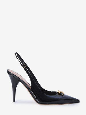 VALENTINO GARAVANI Elegant Black Patent Slingback Pumps with Gold-Tone Logo, 4in Heel