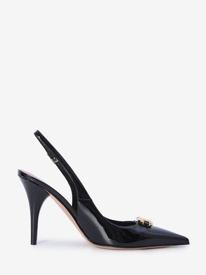 VALENTINO GARAVANI Elegant Black Patent Slingback Pumps with Gold-Tone Logo, 4in Heel