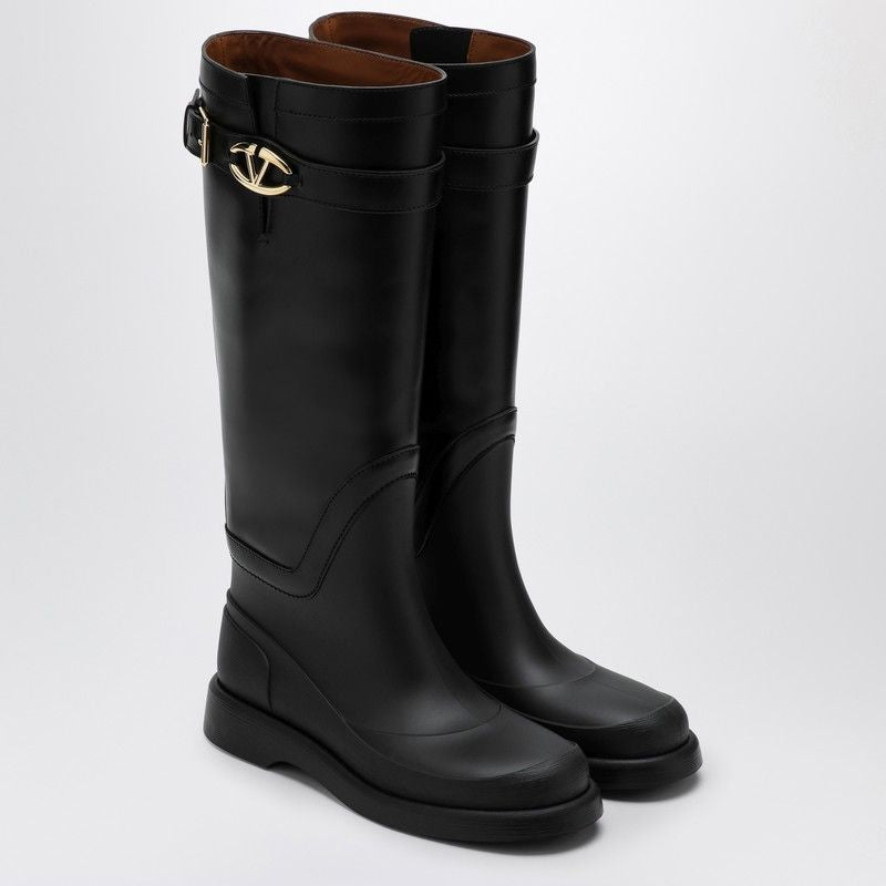 VALENTINO GARAVANI Chic Leather & Rubber Rain Boots with Golden Logo Accent