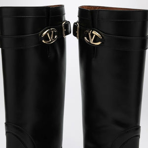 VALENTINO GARAVANI Chic Leather & Rubber Rain Boots with Golden Logo Accent