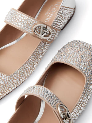 VALENTINO GARAVANI Silver Strass Embellished Ballet Flats with VLOGO Detail