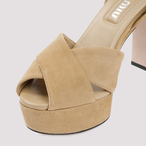 MIU MIU NUDE & NEUTRALS Suede Leather Platform Sandals for Women FW23