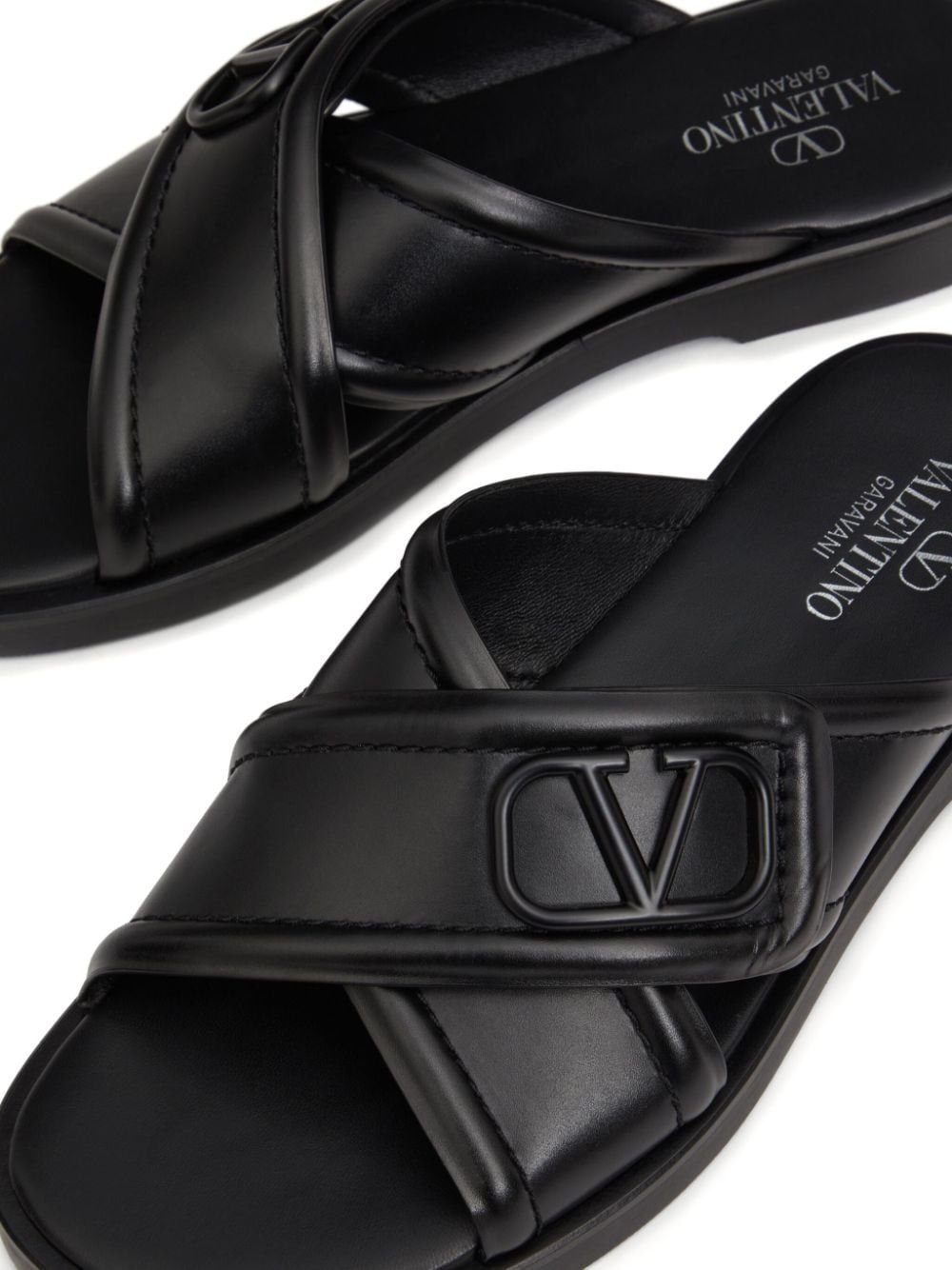 VALENTINO Signature Slide Sandals in Black Leather