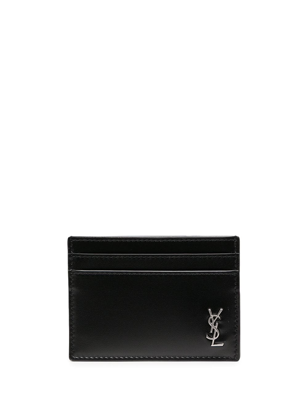 SAINT LAURENT Men's Black Raffia Cardholder with Logo Plaque