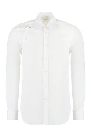 ALEXANDER MCQUEEN Men's White Cotton Poplin Shirt with Metal Buckle and Rounded Hem for FW23