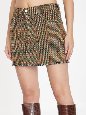 STELLA MCCARTNEY Beige Checked Mini Skirt with Frayed Hem for Women - FW23 Collection