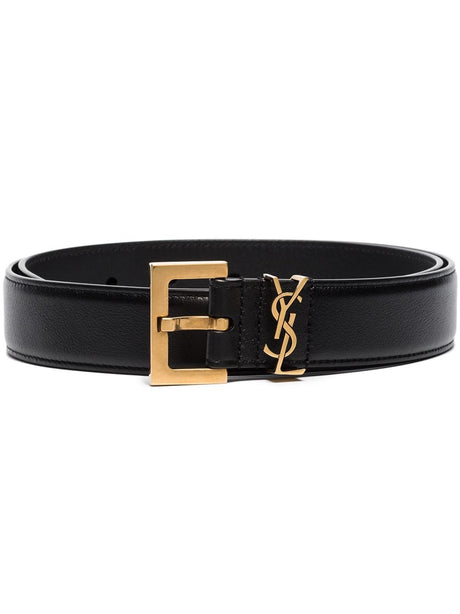 SAINT LAURENT Sophisticated Black Carree Belt with Golden Buckle