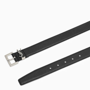 SAINT LAURENT Classic Black Grained Leather Belt for Men with Square Buckle