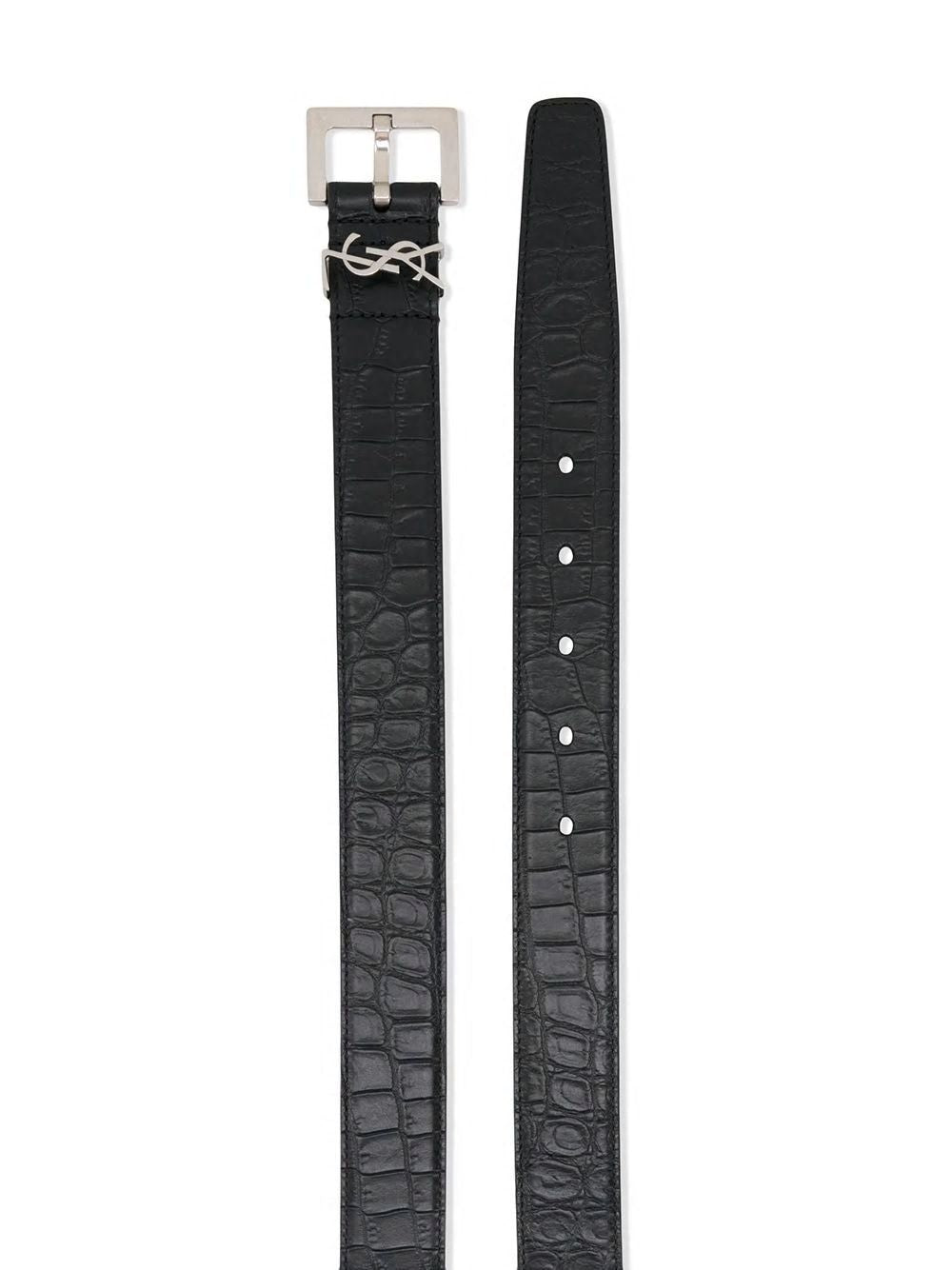 SAINT LAURENT Black Crocodile-Embossed Leather Belt with Silver-Tone YSL Loop for Men