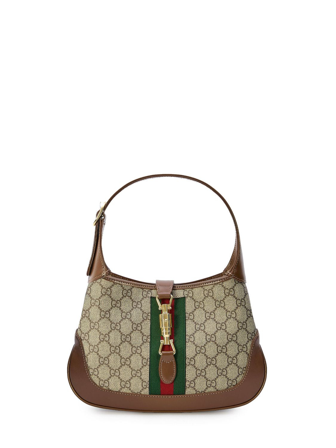 GUCCI Jackie 1961 Small Beige & Ebony Canvas and Leather Shoulder Bag with Stripe Detail and Gold-Tone Accents, 28x19x4.5 cm