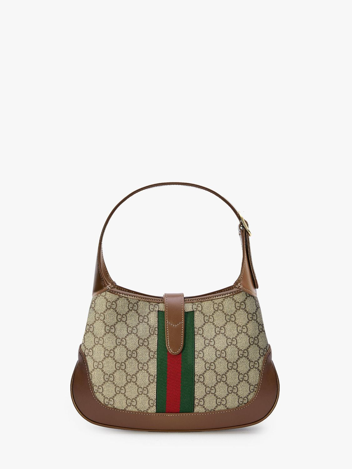 GUCCI Jackie 1961 Small Beige & Ebony Canvas and Leather Shoulder Bag with Stripe Detail and Gold-Tone Accents, 28x19x4.5 cm