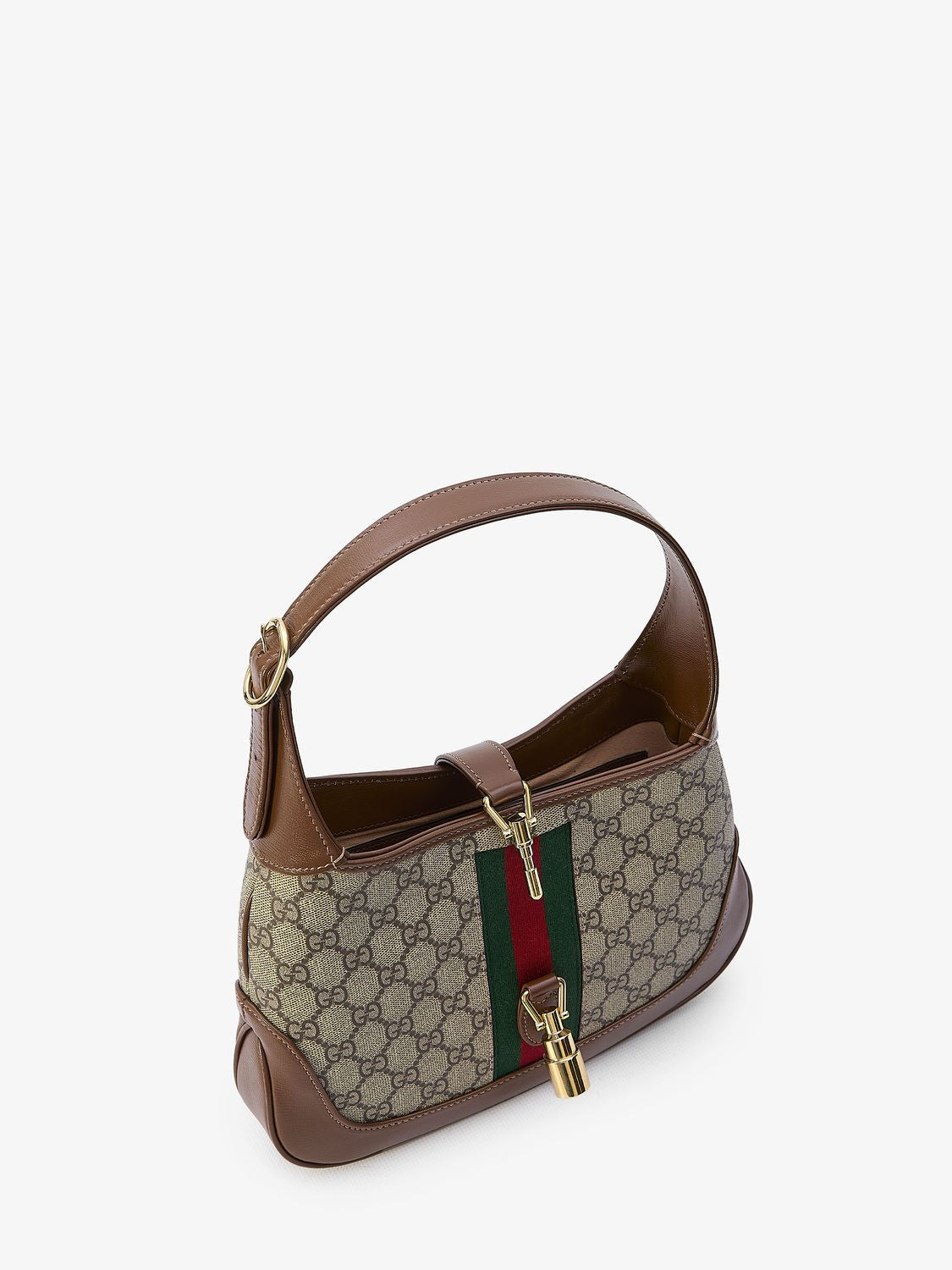 GUCCI Jackie 1961 Small Beige & Ebony Canvas and Leather Shoulder Bag with Stripe Detail and Gold-Tone Accents, 28x19x4.5 cm