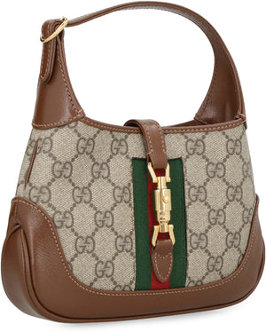 GUCCI Mini Jackie 1961 Beige & Ebony GG Supreme Fabric Handbag with Brown Leather & Striped Web Detail, 19x13x3 cm