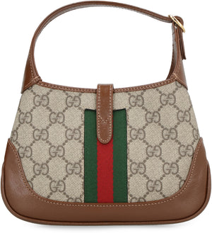 GUCCI Mini Jackie 1961 Beige & Ebony GG Supreme Fabric Handbag with Brown Leather & Striped Web Detail, 19x13x3 cm