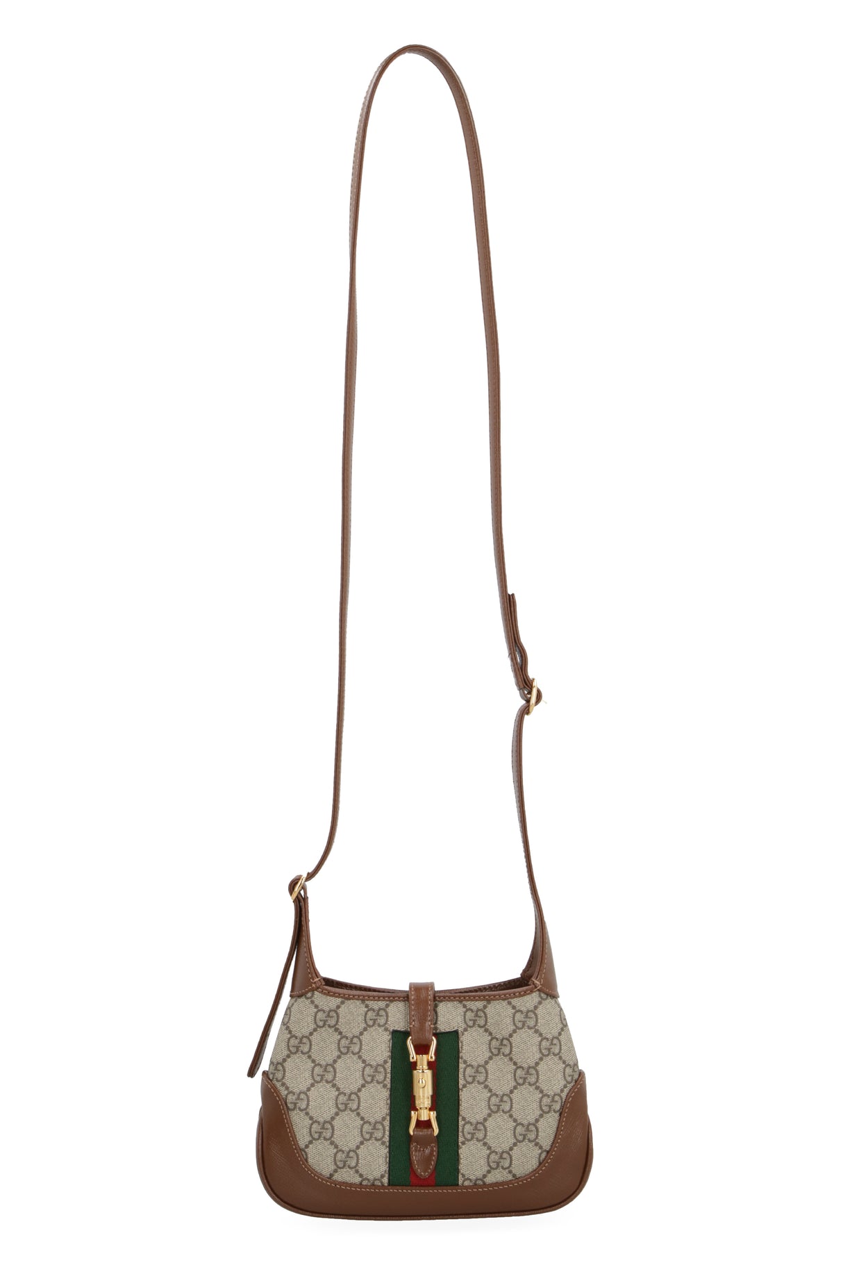 GUCCI Mini Jackie 1961 Beige & Ebony GG Supreme Fabric Handbag with Brown Leather & Striped Web Detail, 19x13x3 cm