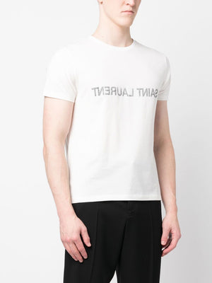 White Cotton T-shirt with Logo Prints by SAINT LAURENT for Men - FW23 Collection