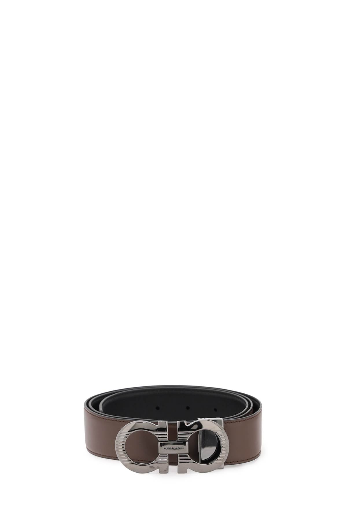 FERRAGAMO Bicolor Reversible Leather Belt with Ruthenium-Finished Buckle