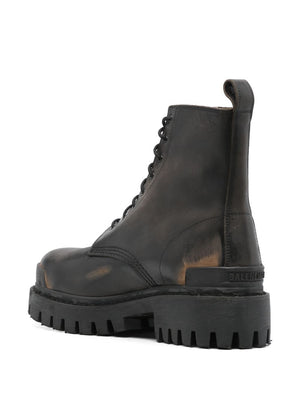 BALENCIAGA Leather Lace-Up Boots with Worn-Out Effect