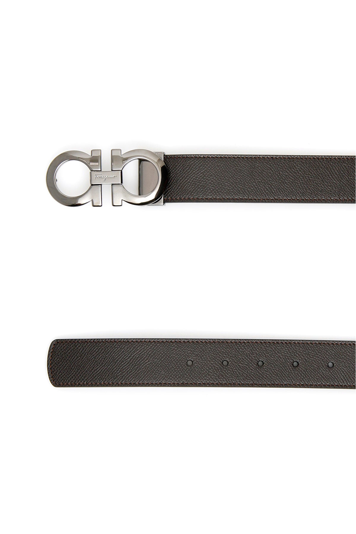 FERRAGAMO Reversible Two-Tone Leather Belt with Metallic Buckle