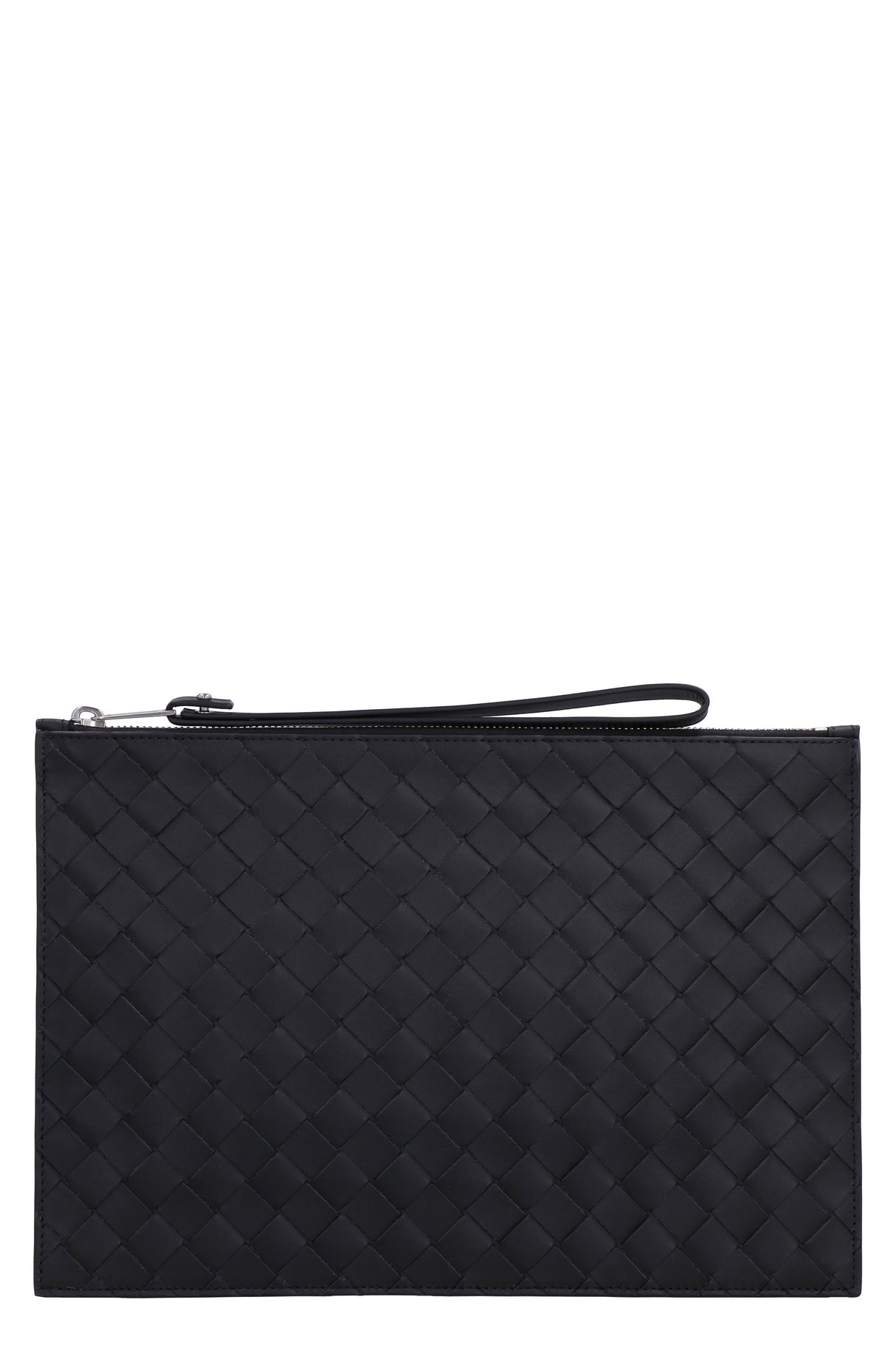 BOTTEGA VENETA Medium Black Calfskin Leather Clutch with Intrecciato Weave and Wrist Strap, 21x30cm