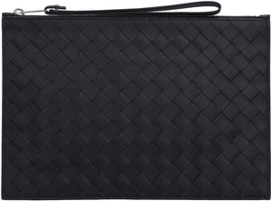 BOTTEGA VENETA Medium Black Calfskin Leather Clutch with Intrecciato Weave and Wrist Strap, 21x30cm