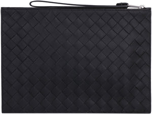 BOTTEGA VENETA Medium Black Calfskin Leather Clutch with Intrecciato Weave and Wrist Strap, 21x30cm